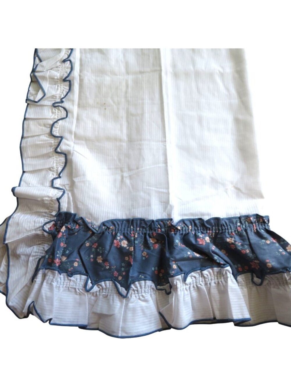 Pair of 2 Vintage Cotton Curtain Panel Blue Floral Ruffle White Cotton 31"x38"ea